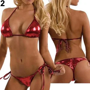 Women's Fashion Metallic Bikini Top + Bottom Beachwear Stripper Wear Lacquer Leather Side Lace Up Three Point Bikini Lingerie